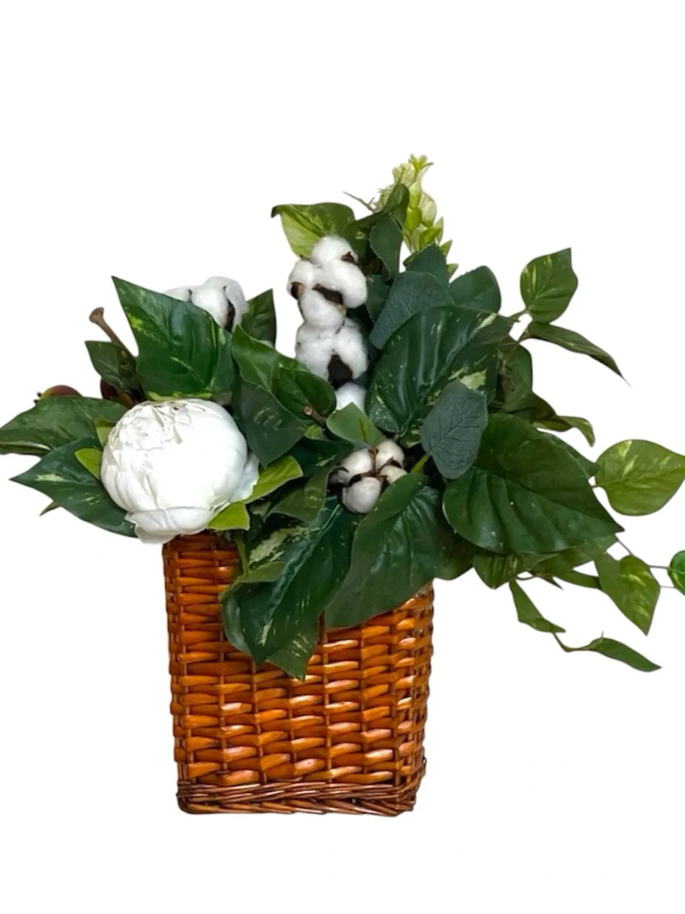 Handmade Wicker Wall Basket Faux Cotton Peony Botanical Floral Decor